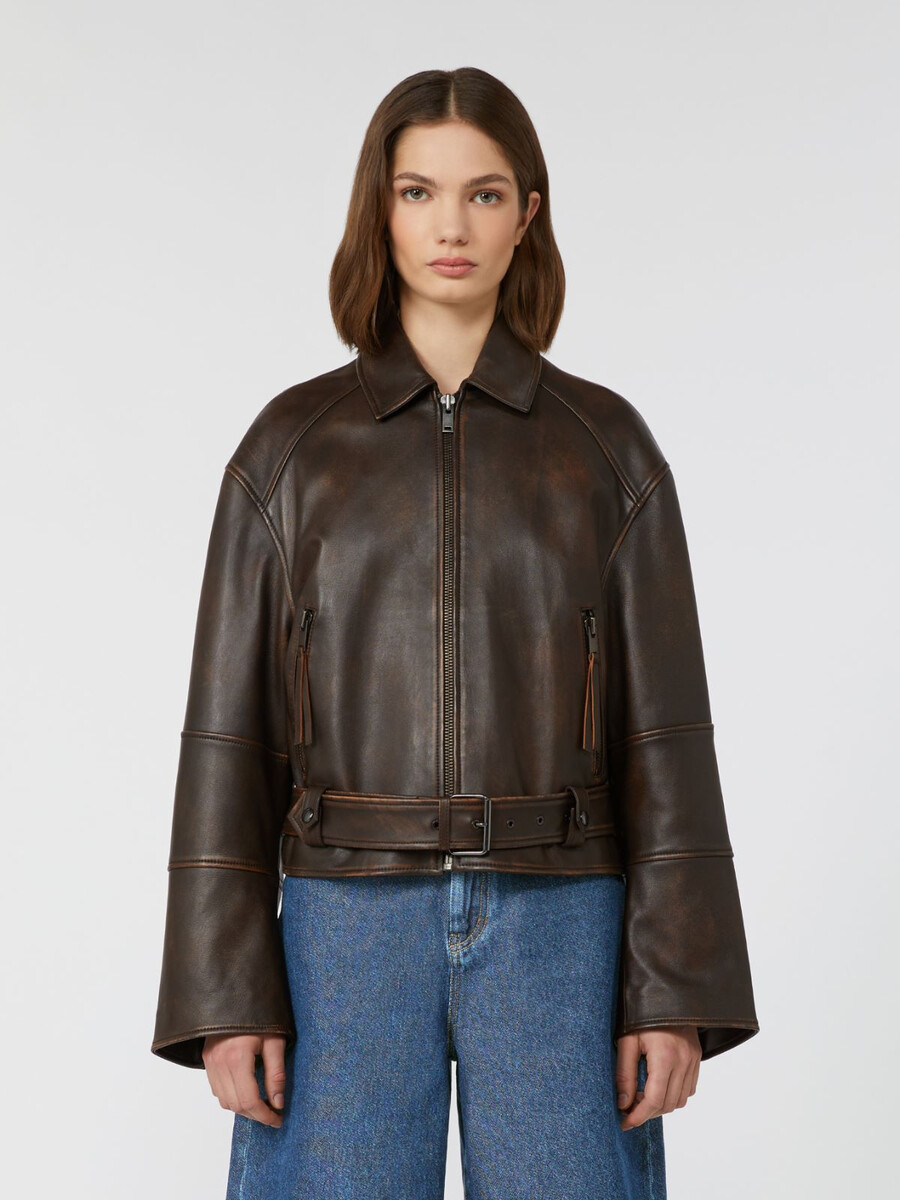 blouson de motard en cuir nappa - marron foncÉ