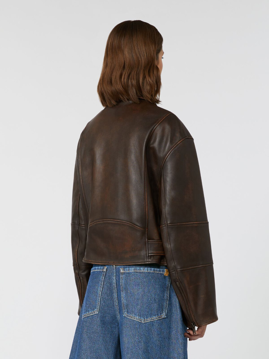 blouson de motard en cuir nappa - marron foncÉ