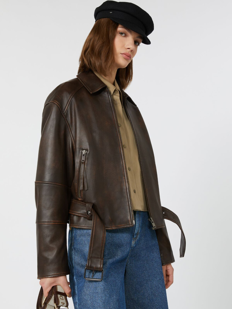 blouson de motard en cuir nappa - marron foncÉ