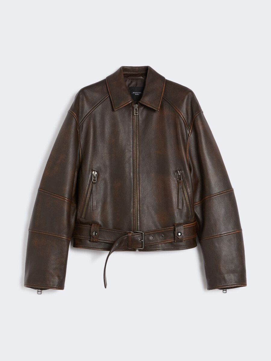 blouson de motard en cuir nappa - marron foncÉ