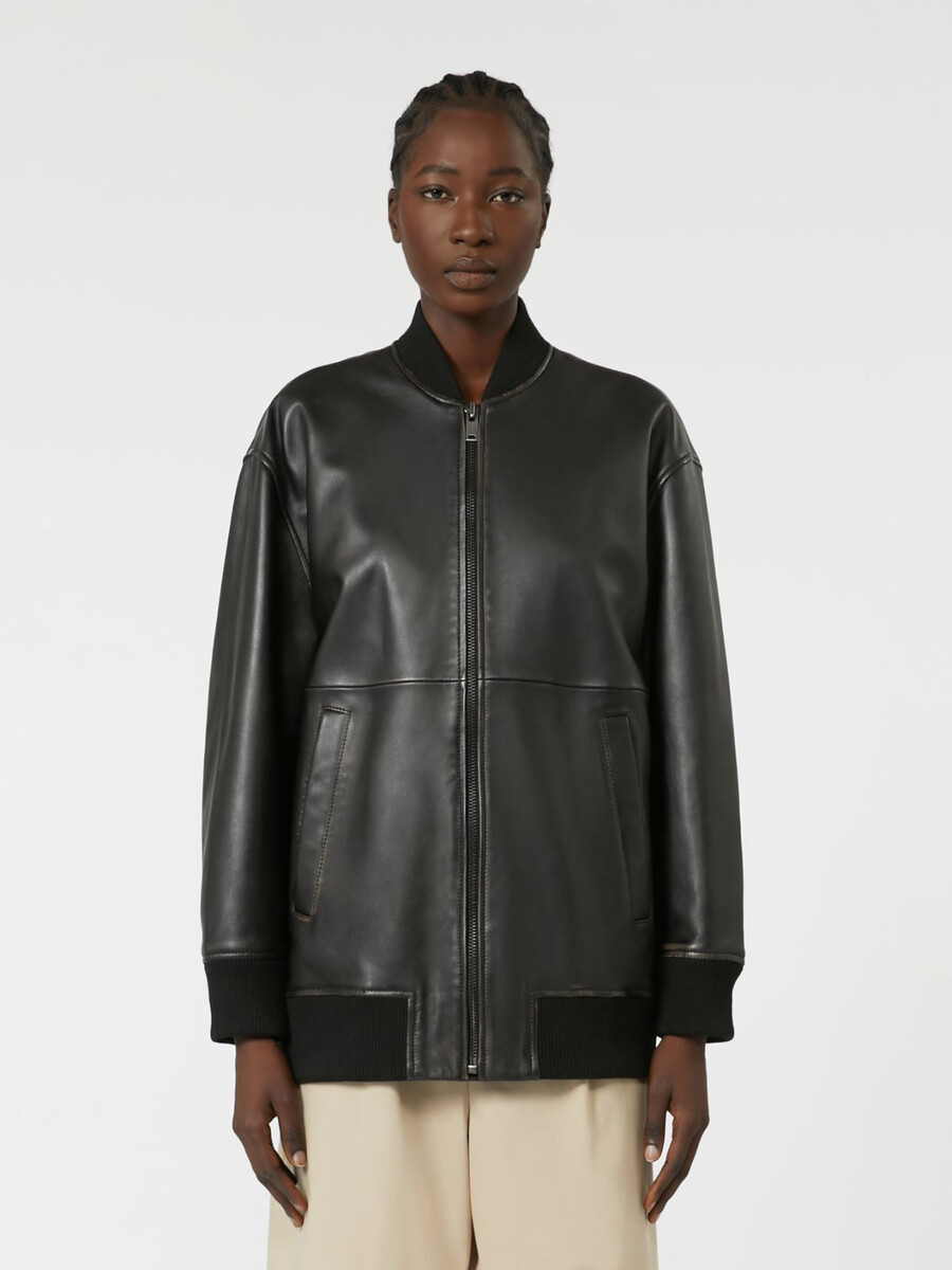 blouson aviateur long en cuir nappa - noir