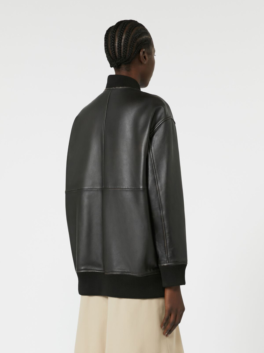 blouson aviateur long en cuir nappa - noir