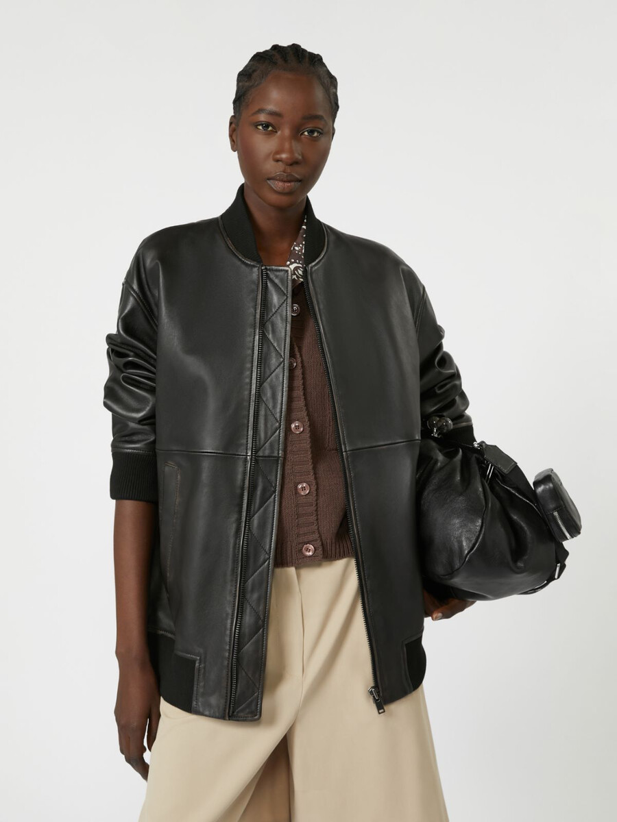 blouson aviateur long en cuir nappa - noir