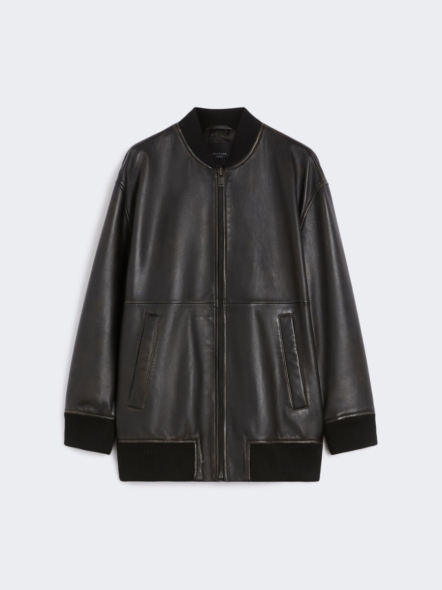 blouson aviateur long en cuir nappa - noir
